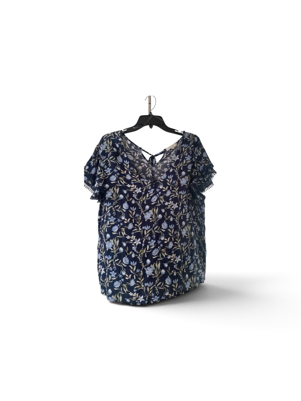 Angels Navy Blue Floral V-Neck Blouse with Tie